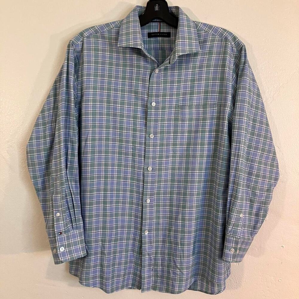 Tommy Hilfiger Blue Green‎ Plaid Gingham Regular Fit Dress Shirt